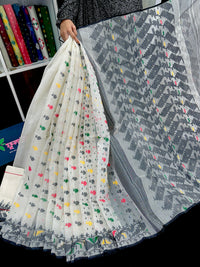 White cotton jamdani saree with multiple threads work