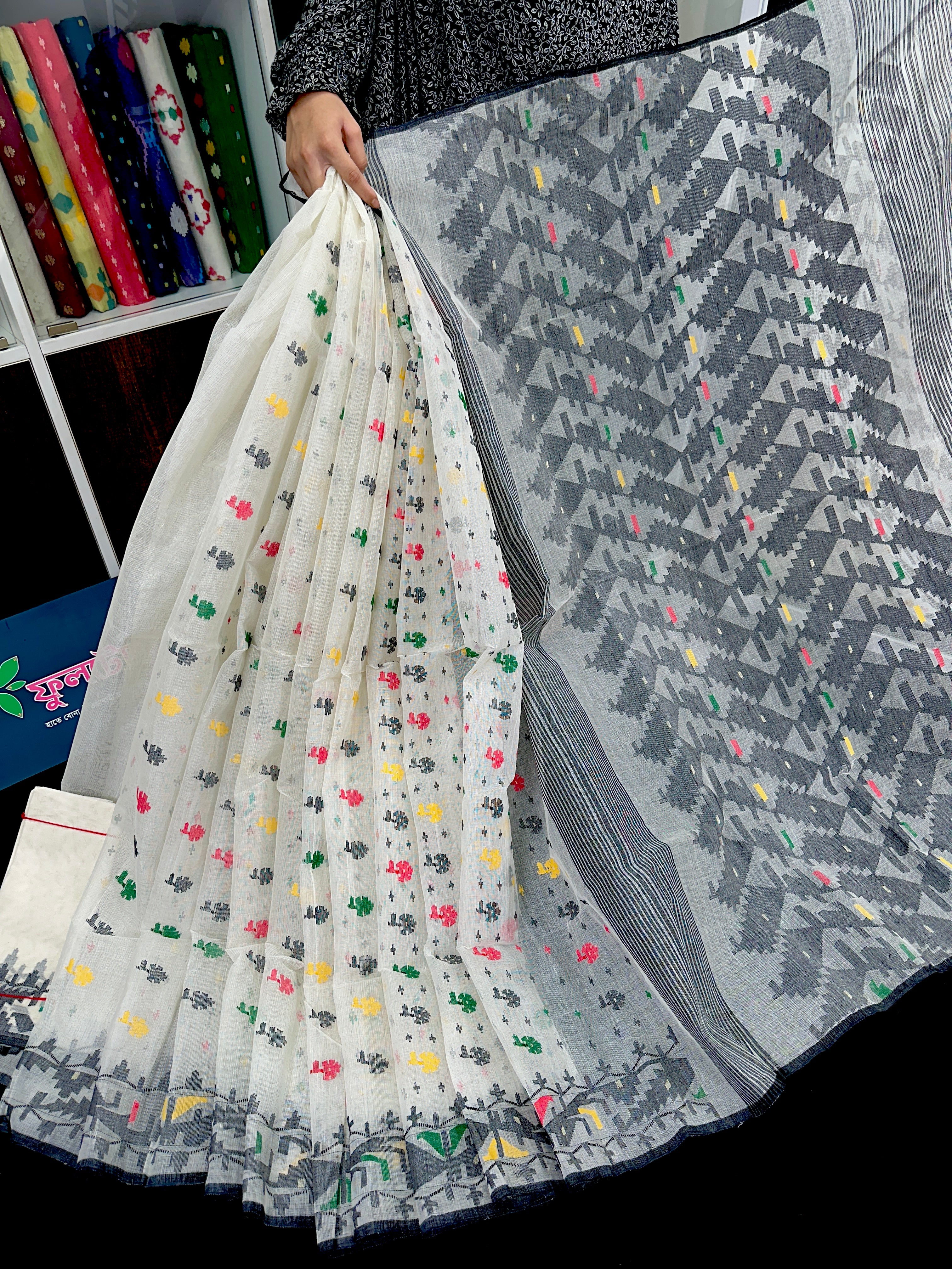 White cotton jamdani saree with multiple threads work