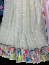 White cotton jamdani saree with pink blue orange magenta yellow multiple colour threads work
