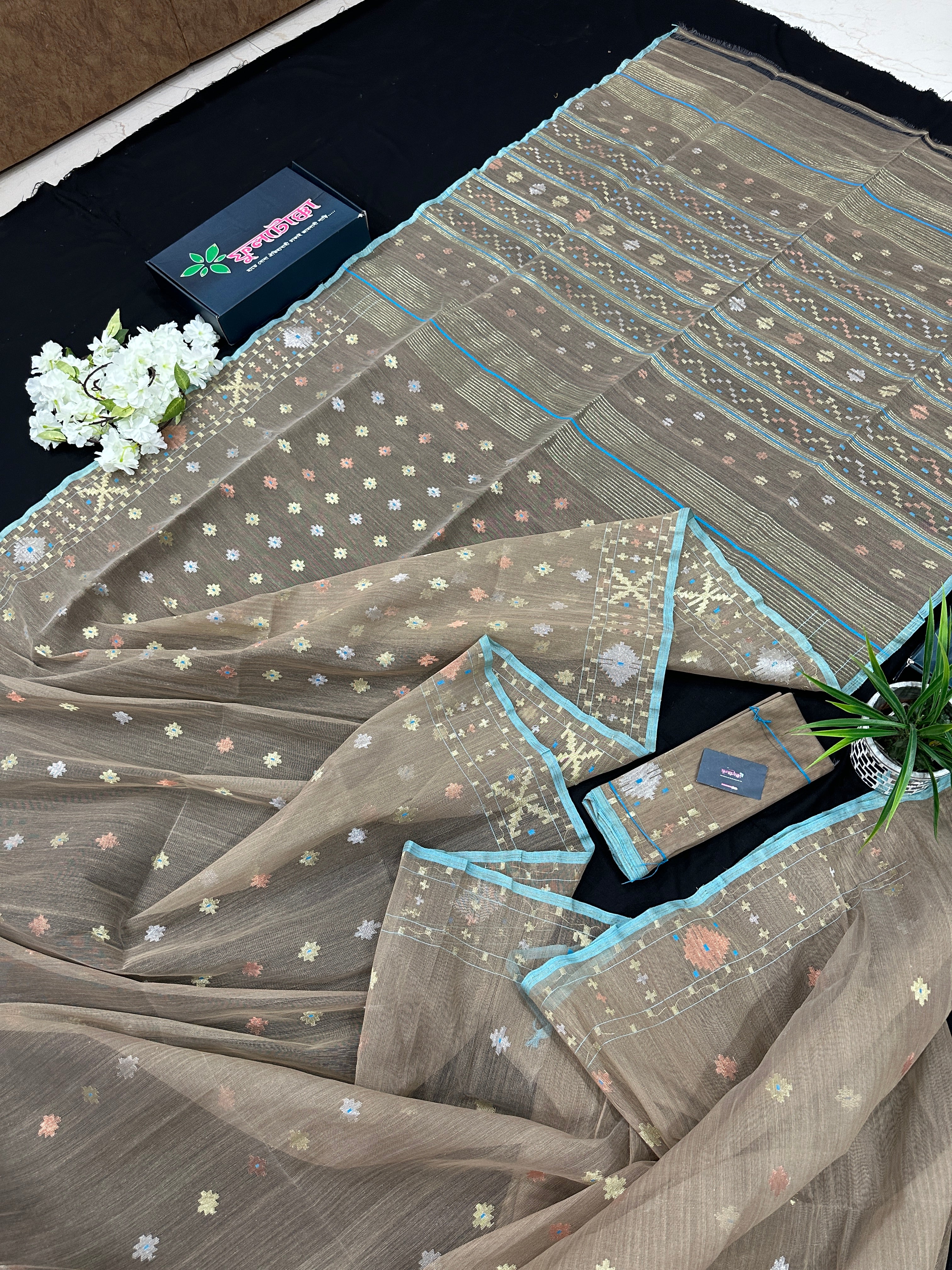 Dull Brown dhakai jamdani saree with golden silver & copper jori work all over work soft count