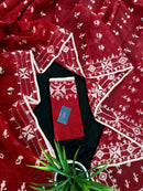Maroon jamdani saree with white thread work.