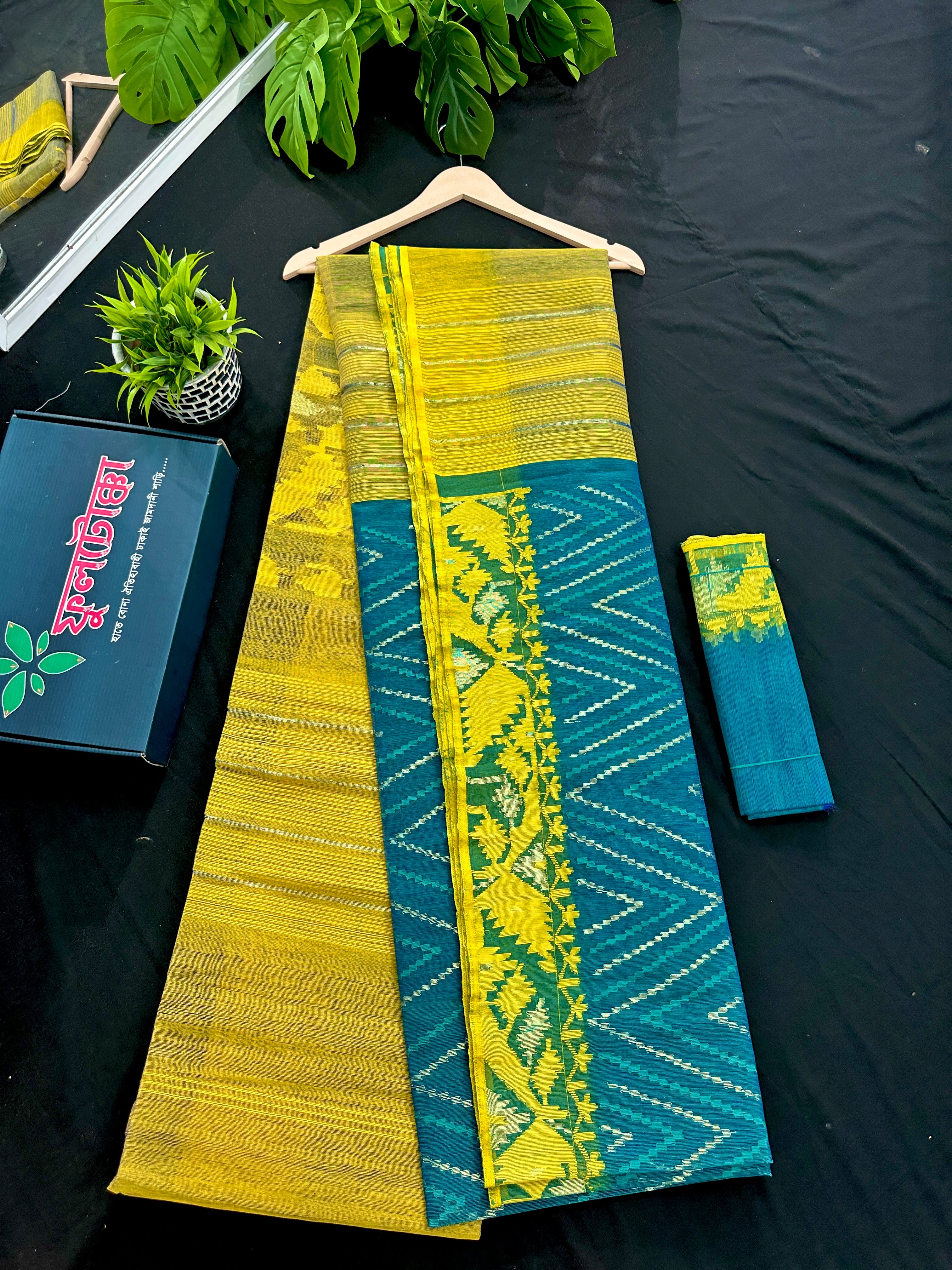 Sea green with yellow halfsilk jamdani with golden jori work and self threads work