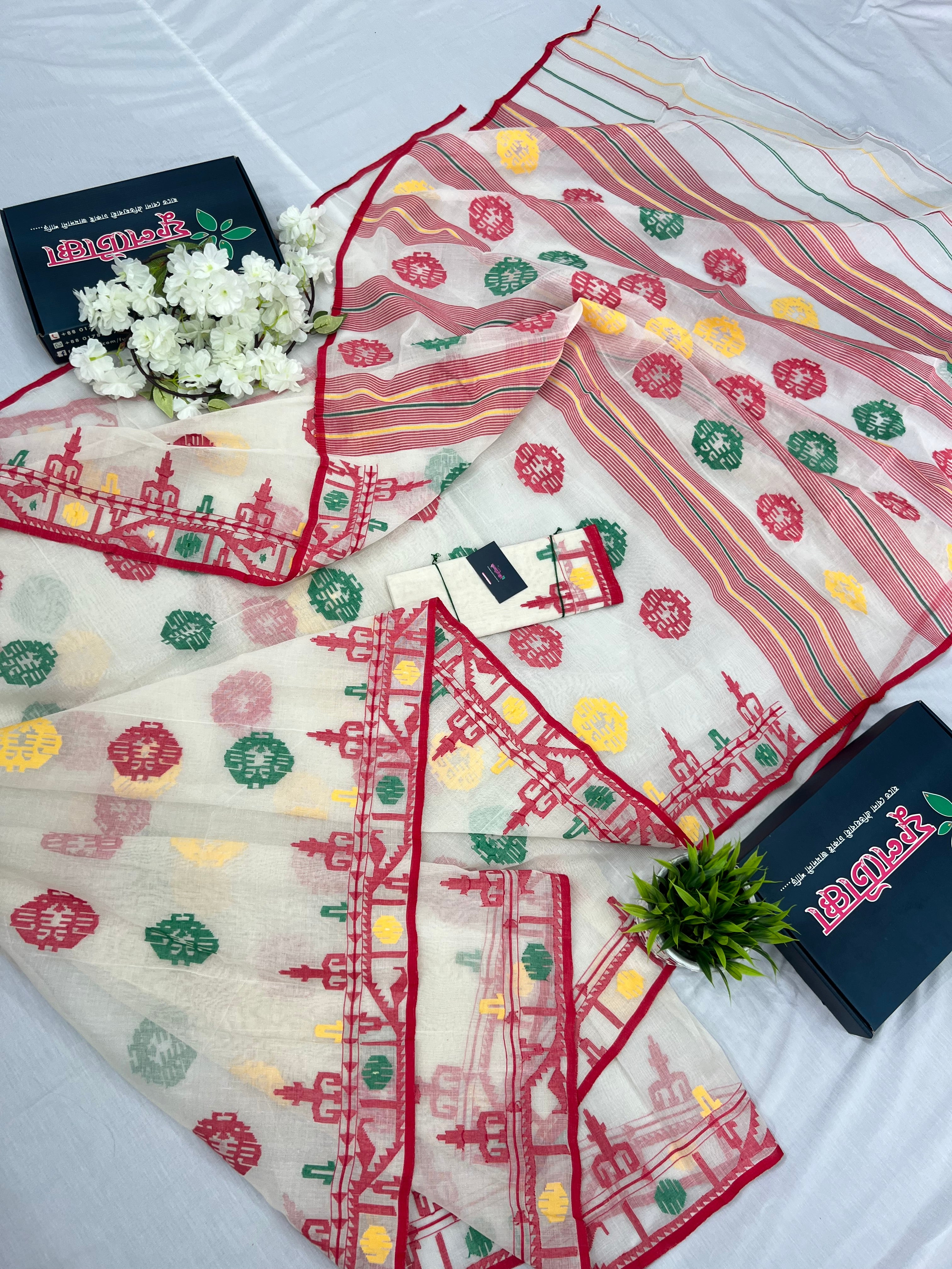 White multi cotton jamdani saree