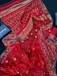 Bridal Red Halfsilk Jamdani Saree With Golden Jori Work & Red Threads work.