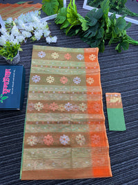 Pastel green halfsilk jamdani saree with golden brown contrast and golden silver copper jori work