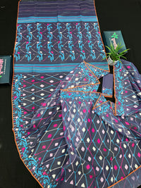 Purplish Blue dual toned jamdani saree with white pink blue threads work & blouse piece.