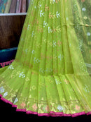 Lemon halfsilk jamdani saree with golden silver & copper jori work and pink border