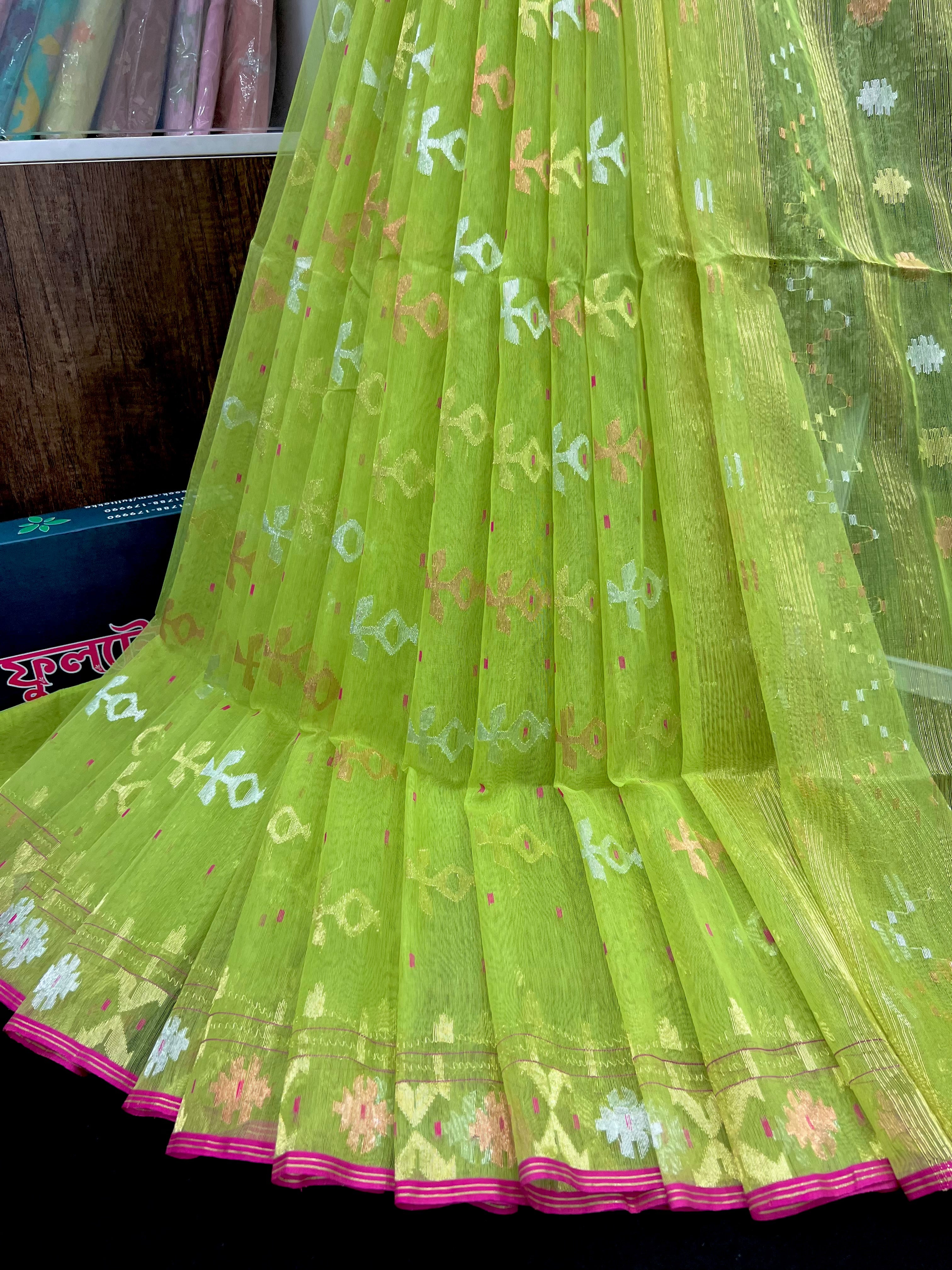 Lemon halfsilk jamdani saree with golden silver & copper jori work and pink border
