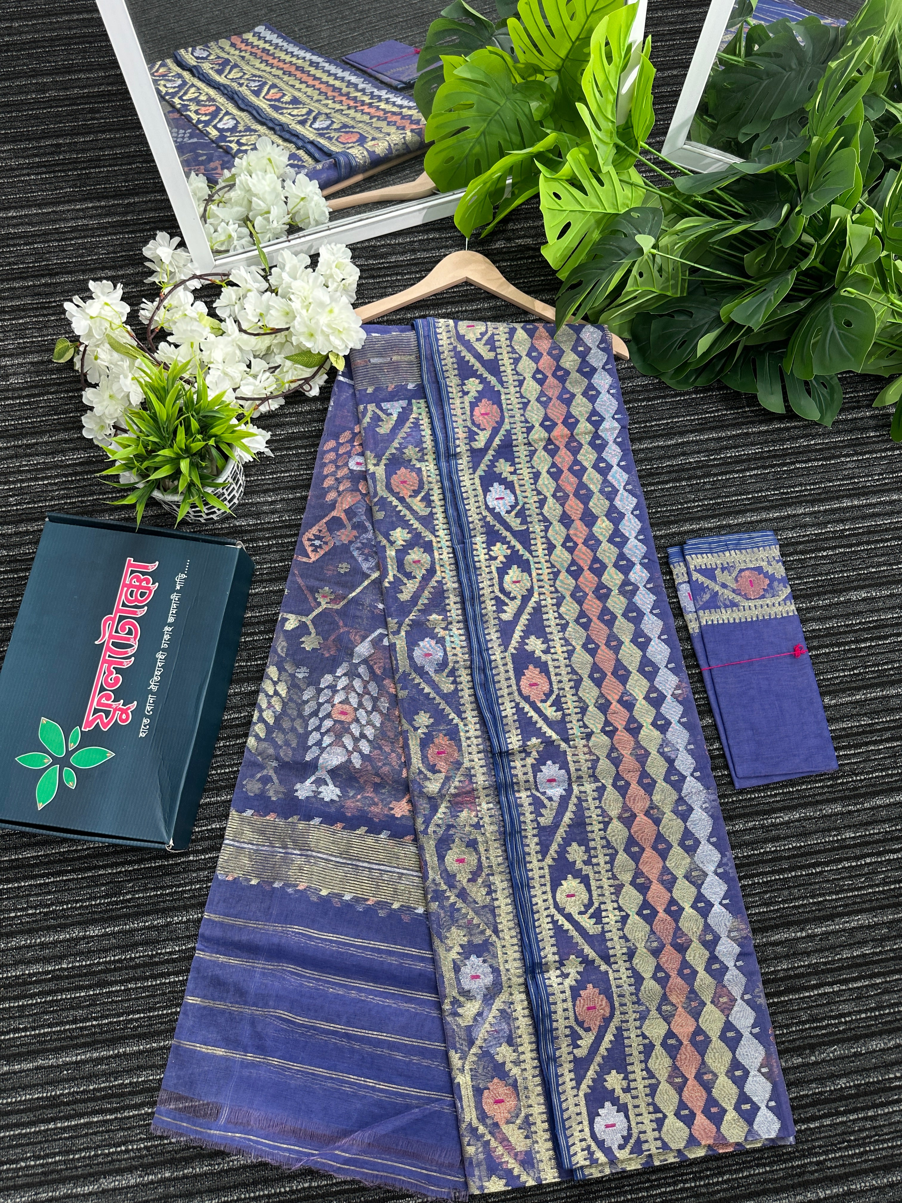 Deep purple exclusive halfsilk jamdani saree with golden silver & copper jori work