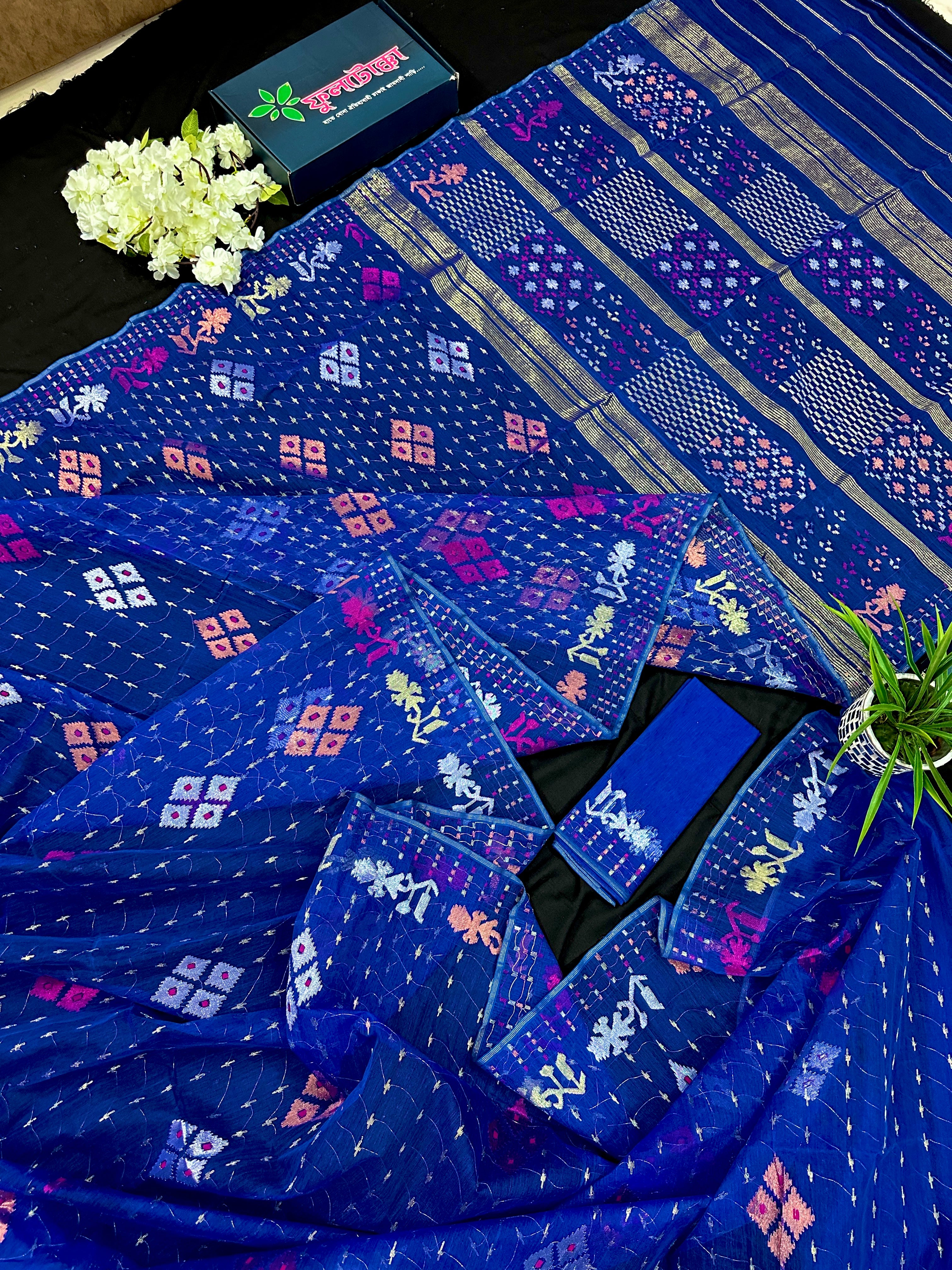 Blue jamdani saree with golden silver & copper jori work also pink jori work