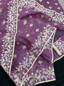 Onion cotton jamdani saree with yellowish threads work all over work.