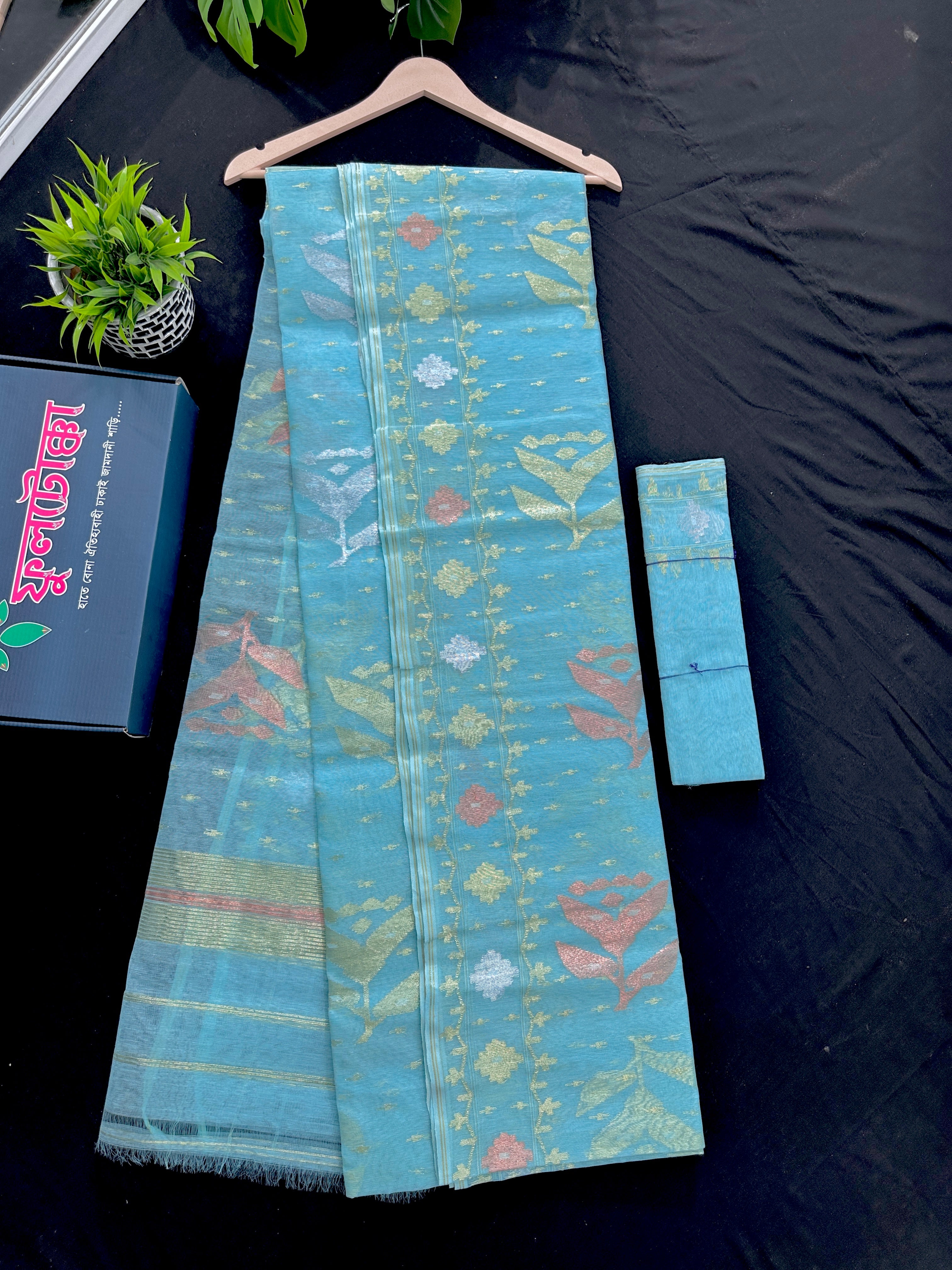 Ocean blue halfsilk jamdani saree with golden silver & copper jori work