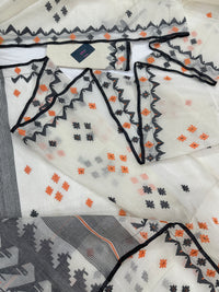 White cotton jamdani saree with orange & black threads work.