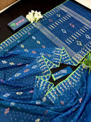 Sea blue dhakai jamdani saree with golden silver & copper jori work soft count.