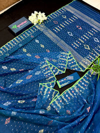 Sea blue dhakai jamdani saree with golden silver & copper jori work soft count.