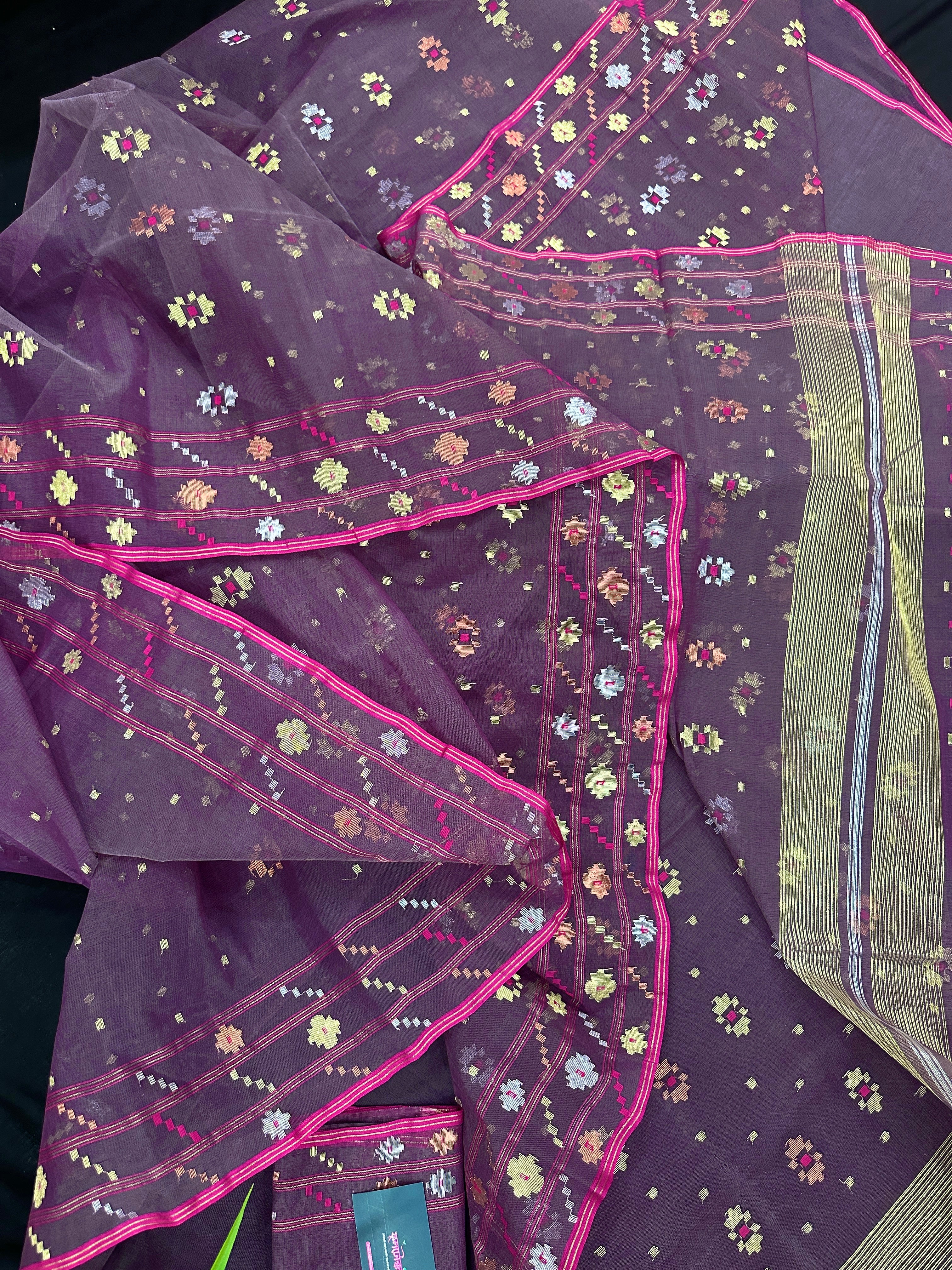Deep bitrut dual toned jamdani saree with golden silver & copper jori work.