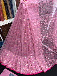 Pink colour handloom halfsilk original dhakai jamdani saree with golde jori work & self threads work