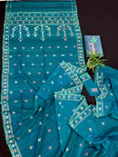 Sea green budget range jamdani saree with golden silver & copper jori work.