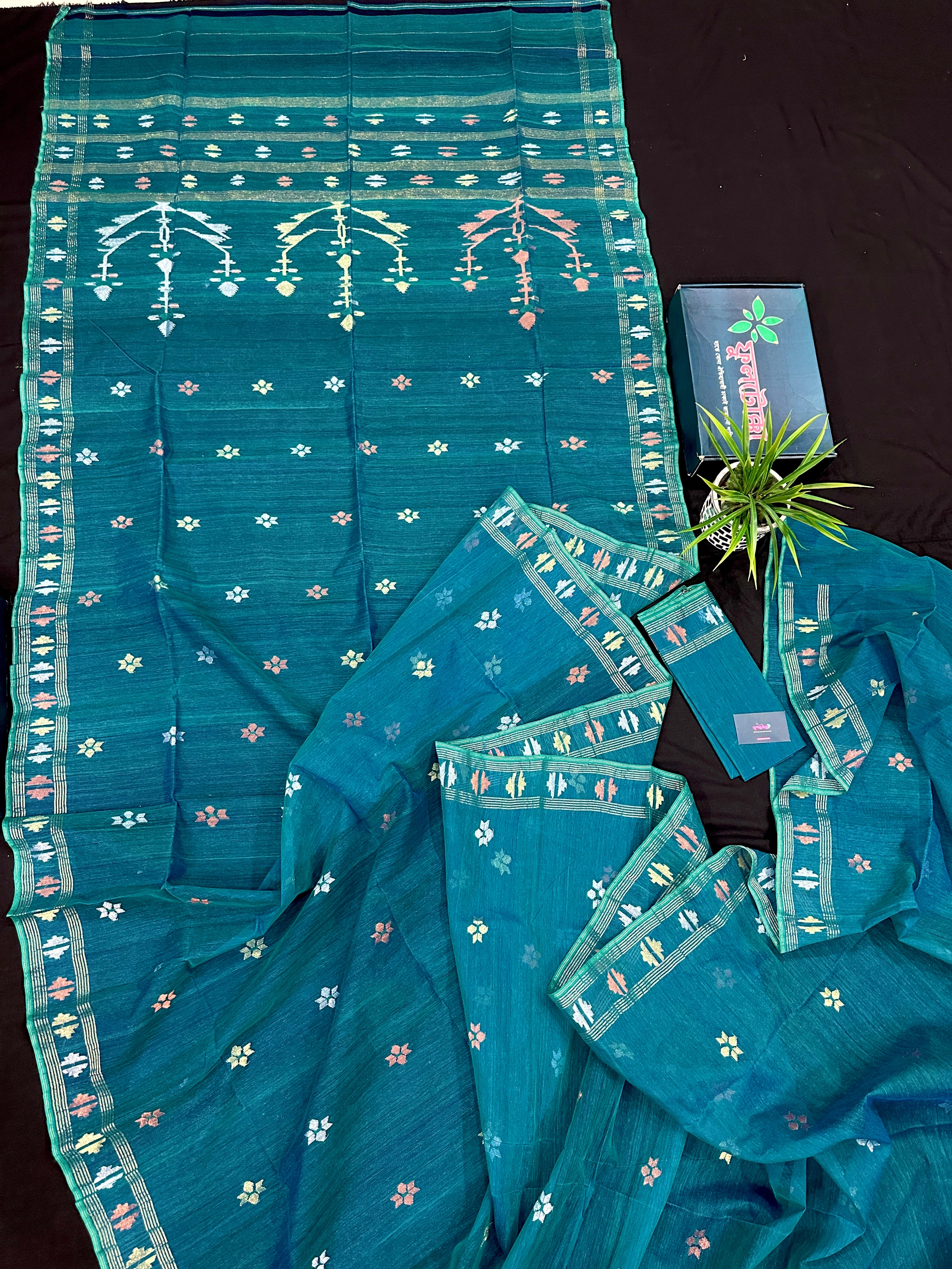 Sea green budget range jamdani saree with golden silver & copper jori work.