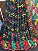 Black cotton jamdani saree with red green yellow multiple threads work