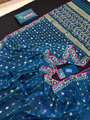 Peacock blue jamdani saree with golden silver copper jori work and pink border