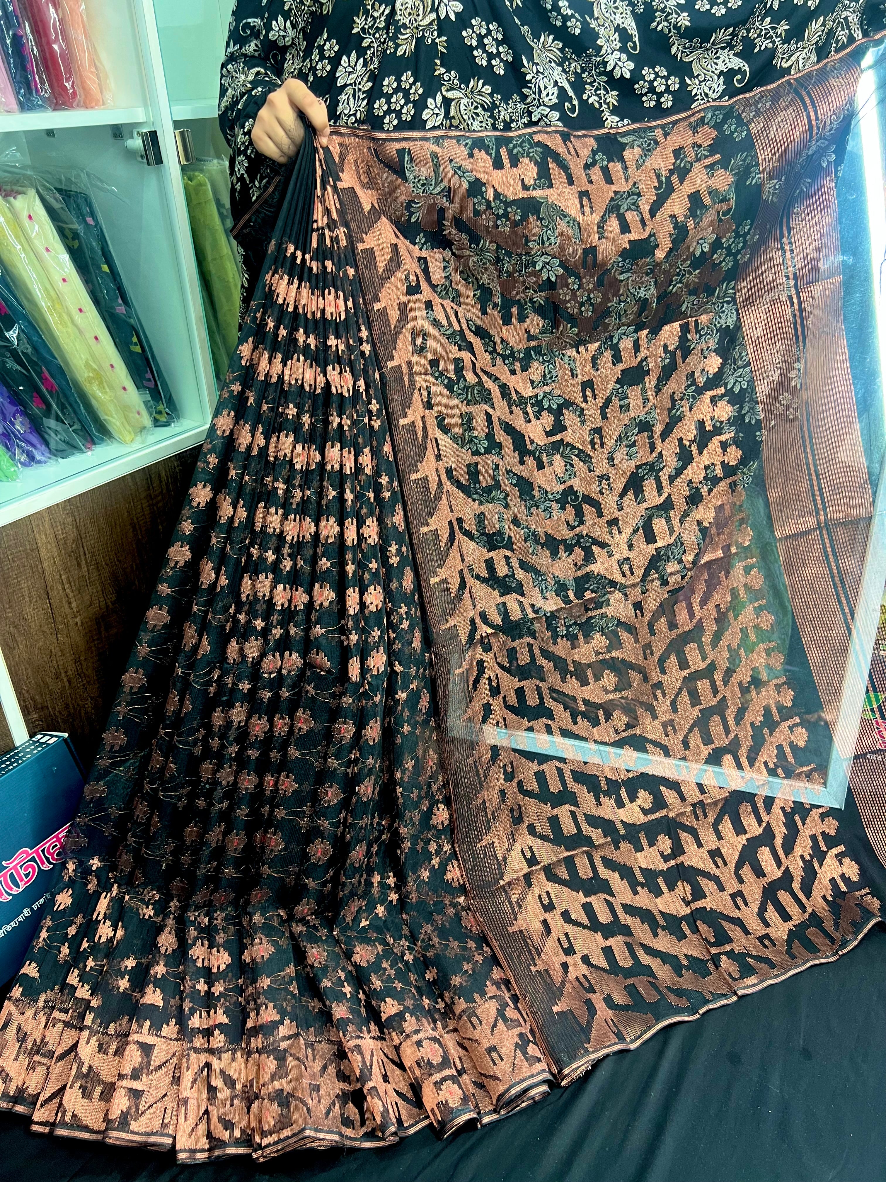 Black with copper halfsilk jamdani saree with magenta meena work