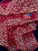 Reddish Maroon Bridal Exclusive dhakai jamdani saree with all over golden jori work soft count.