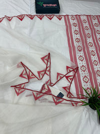 White Jamdani Saree With Red Paar.