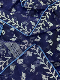Navy blue jamdani saree with silver jori work soft threads all over work.