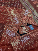 Brown reshom halfsilk jamdani saree with golden silver & copper jori work.