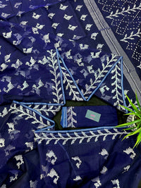 Navy blue jamdani saree with silver jori work soft threads all over work.