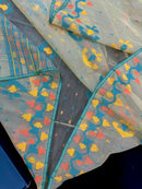Cream colour jamdani saree with yellow orange blue floral threads work and blouse piece.