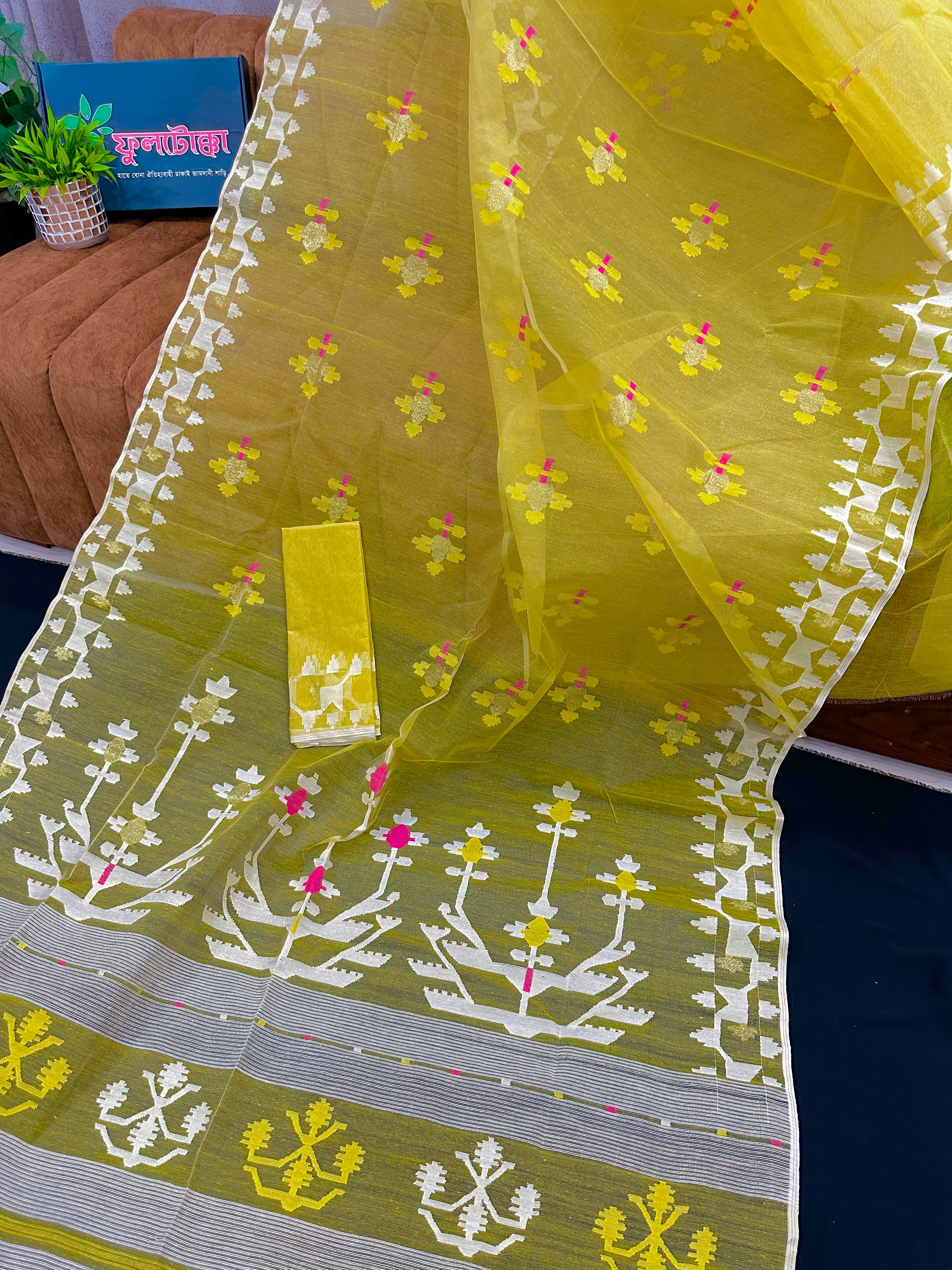 Yellow Jamdani Saree Is Expertly Crafted.