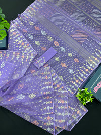Lavender Colour Original Handloom Halfsilk Dhakai Jamdani With Golden Silver & Copper Jori Work