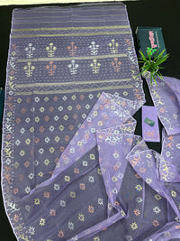 Lite lavender jamdani saree with golden silver copper jori work.