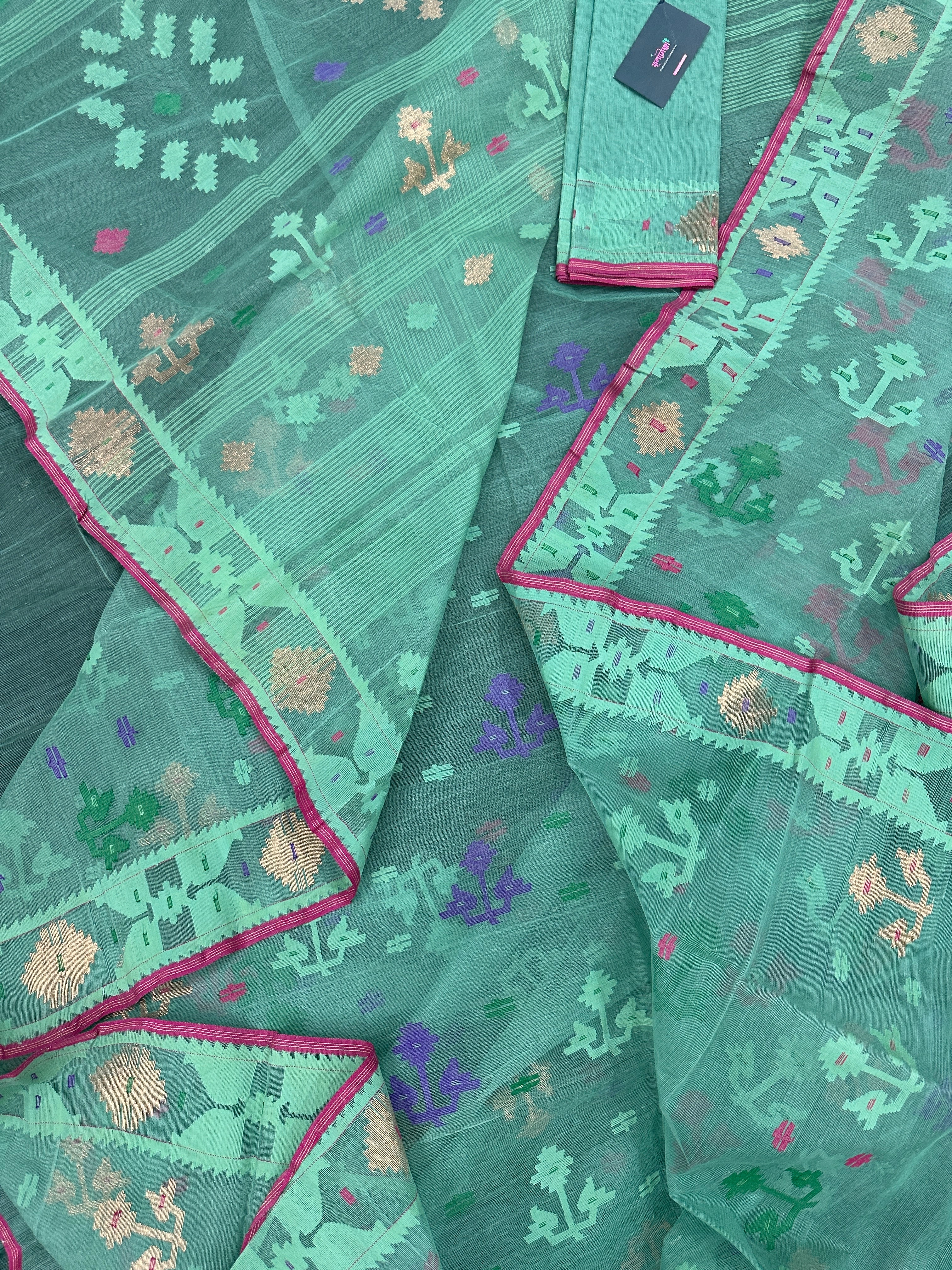 Bright Teal Blue dhakai Jamdani saree with pink border all over work soft count.