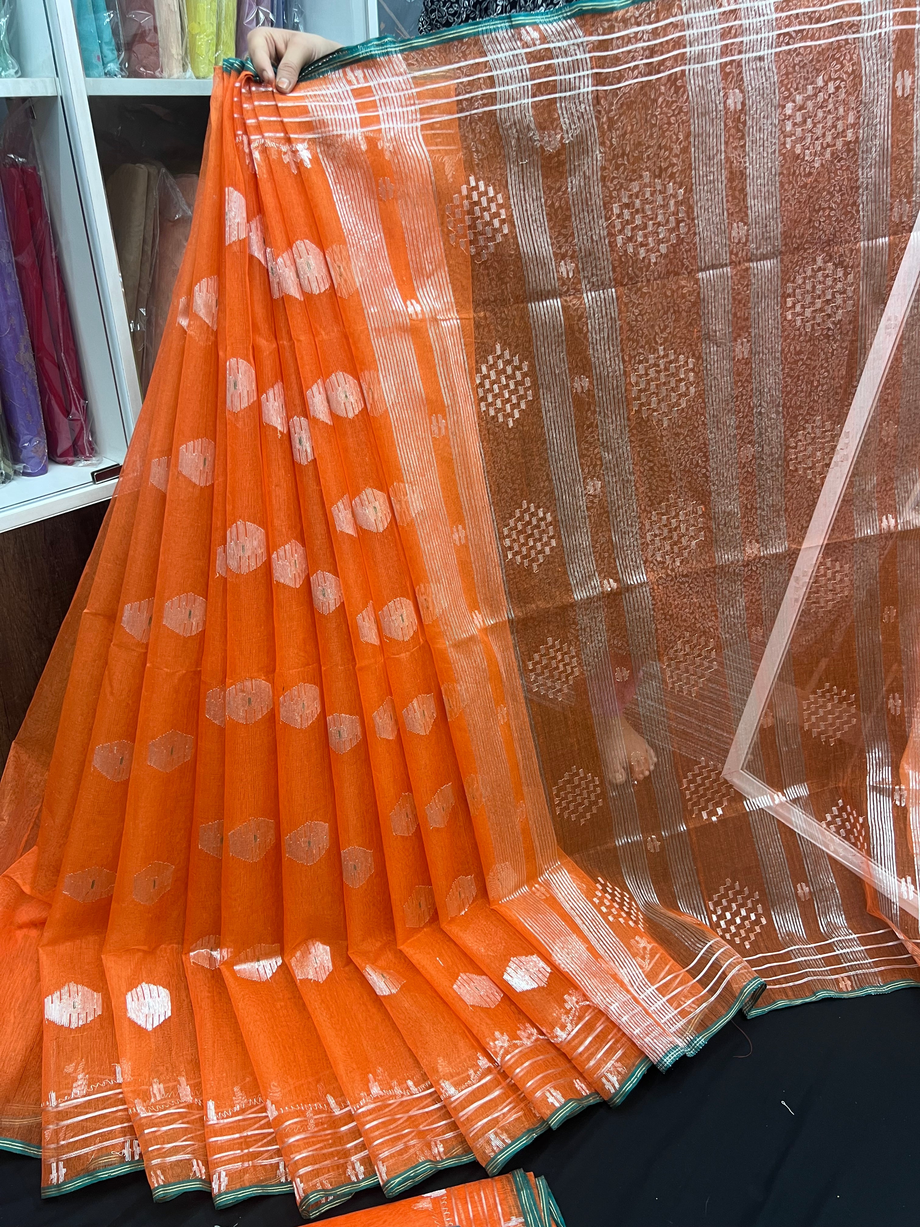 Orange Original Handloom Halfsilk Dhakai Jamdani Saree