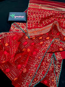 Bridal Red Halfsilk Jamdani Saree With Golden Jori Work & Red Threads work.