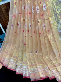 Peach Golden halfsilk exclusive jamdani saree with golden silver & copper jori work