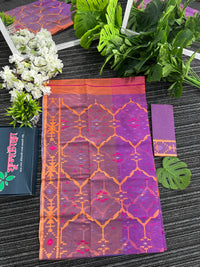 Tripple shaded dual toned halfsilk jamdani saree with orange pink purple threads work