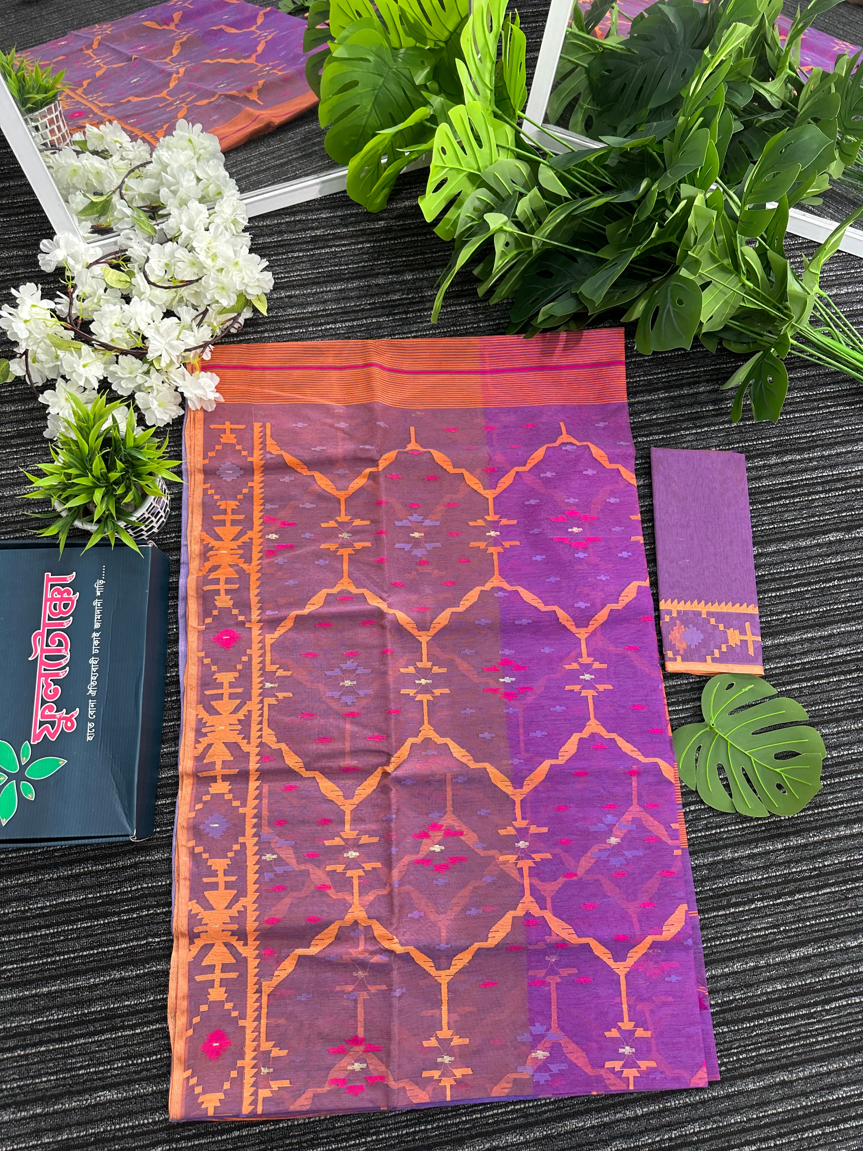 Tripple shaded dual toned halfsilk jamdani saree with orange pink purple threads work