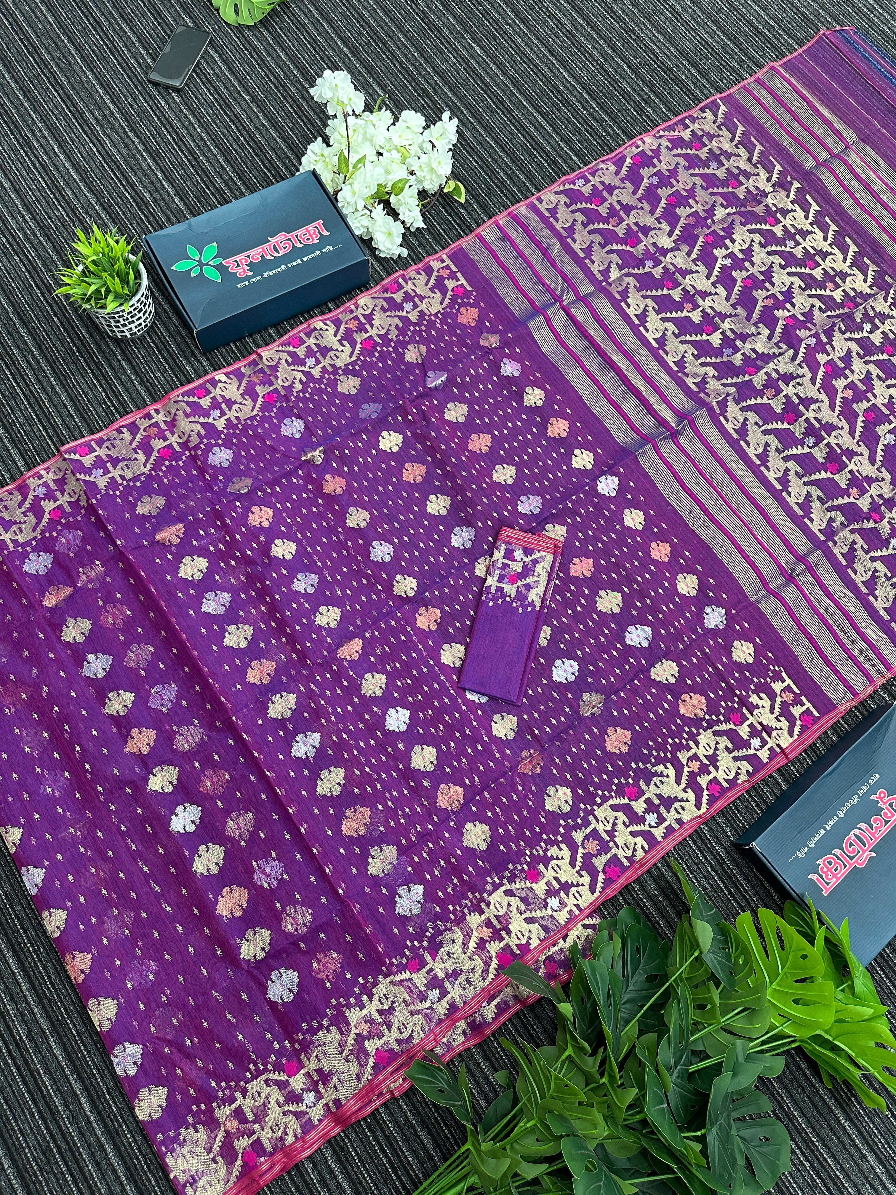 Purple dual toned halfsilk jamdani saree with golden silver & copper jori work