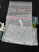 Light Blue Original Handloom Halfsilk Dhakai Jamdani Saree With Pink Blue Off White Threads Work
