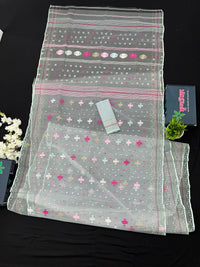 Light Blue Original Handloom Halfsilk Dhakai Jamdani Saree With Pink Blue Off White Threads Work