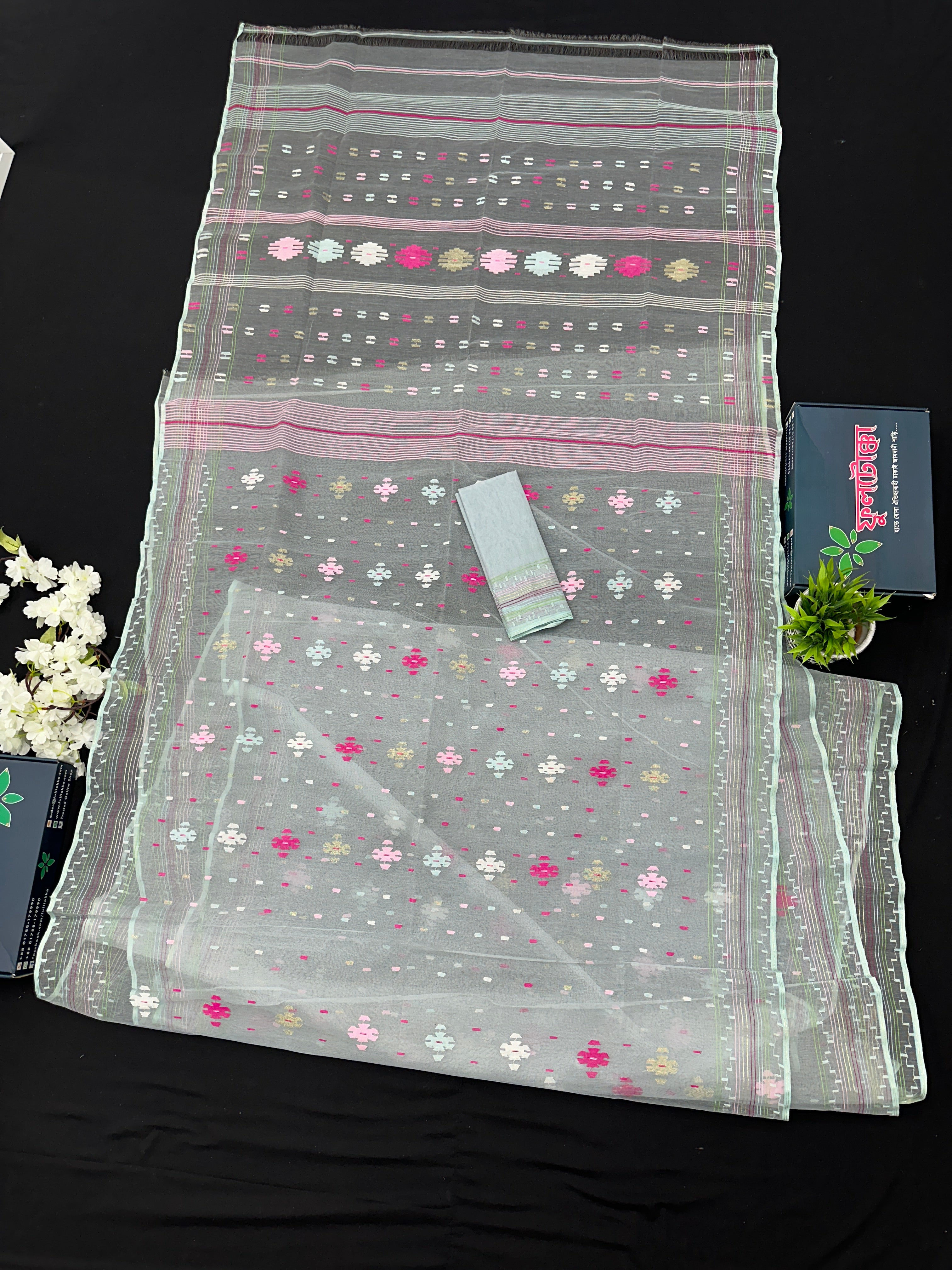 Light Blue Original Handloom Halfsilk Dhakai Jamdani Saree With Pink Blue Off White Threads Work