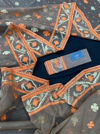 Peanut Brown dhakai jamdani saree with orange threads work & golden jori work all over soft count.