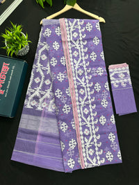 Lavendar halfsilk jamdani saree with white threads work and magenta meena work