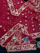 Red jamdani saree with golden jori all over work with blouse piece.