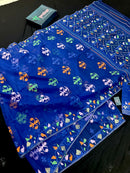 Royal blue jamdani saree with green pink blue orange threads work.