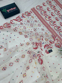 White cotton jamdani saree with multiple colour threads work and blouse piece.